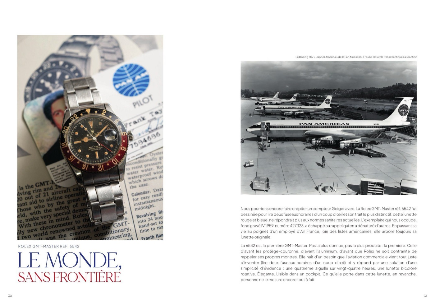 Double page du numéro 1 : Rolex 6542, le monde sans frontière, avec un Boeing de la Pan Am en photographie d'époque