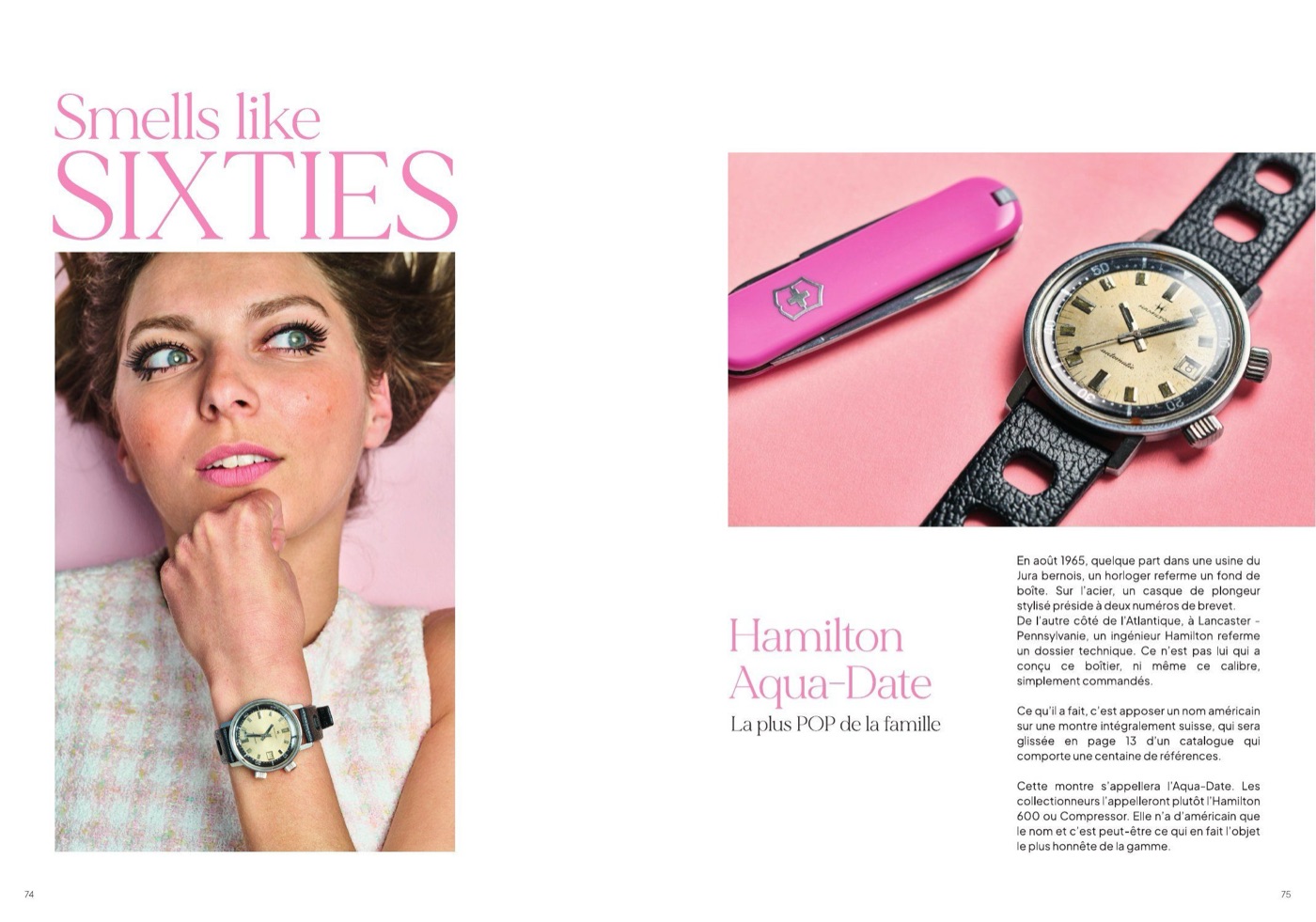 Double page du numéro 1 : Hamilton Aqua-Date, Smells like Sixties
